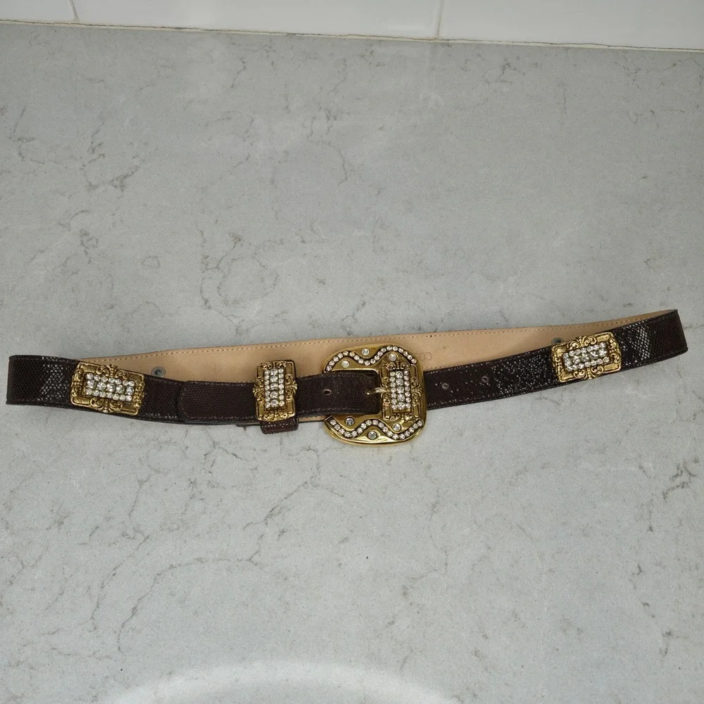 Leatherock Belt Rhinestone Lizard Embossed Large Brown Women